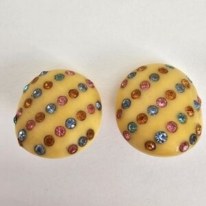 Yellow Colorful Rhinestone Clip on Vintage Statement Earrings